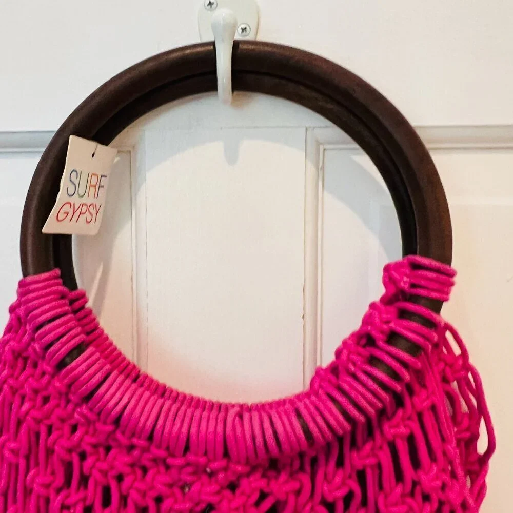 SURF GYPSY Woven Purse/Beach Boho Bag Wood Handle Pink and Green